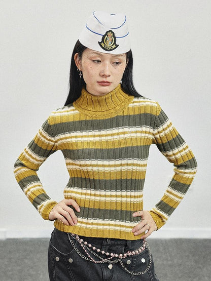 Achihara Women Striped Knit Sweater Short Sleeve Round Neck Slim Fit Top