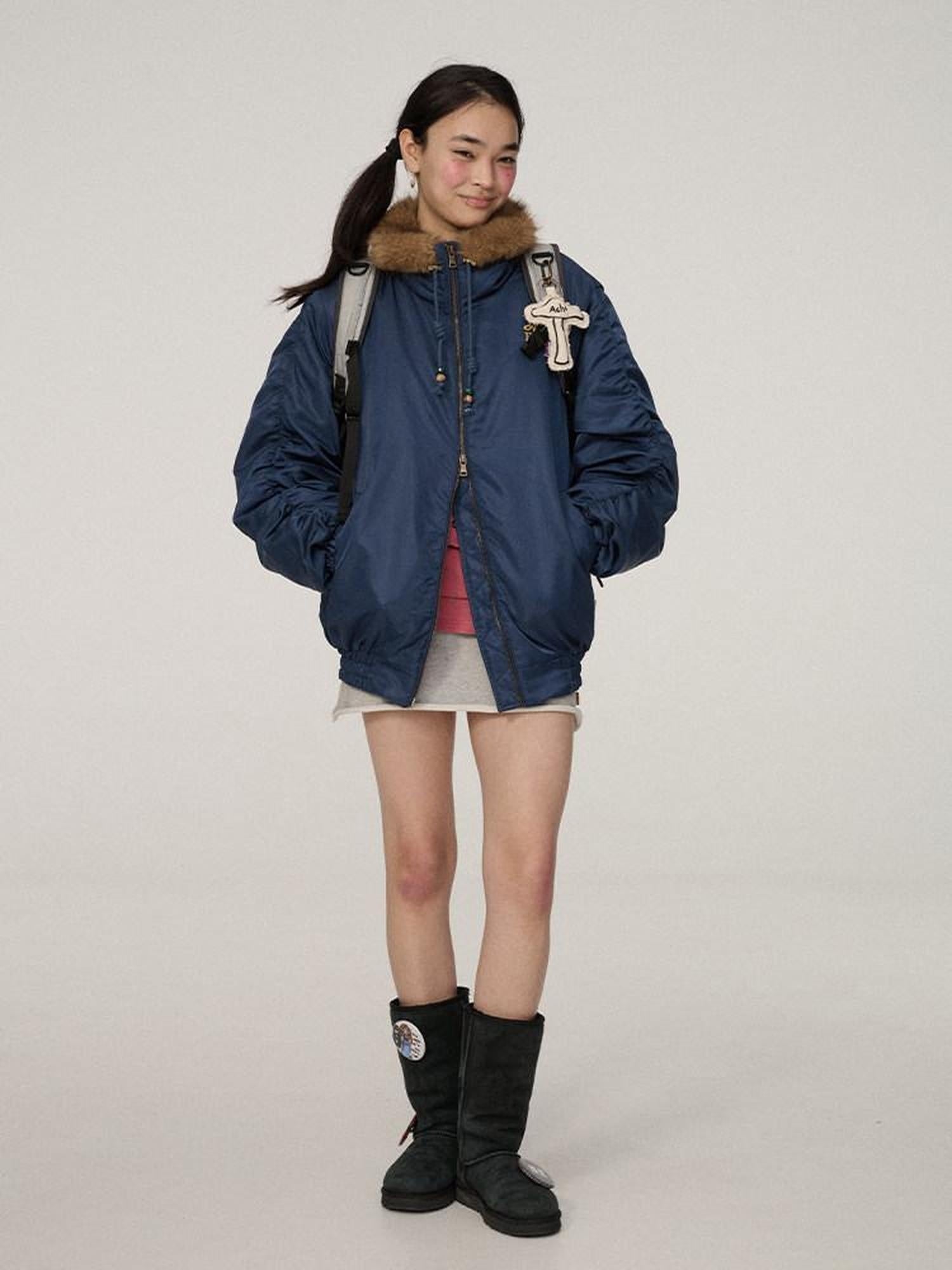 Achihara Zip Front Lapel Collar Relaxed Commuter Solid Olive Navy Puffer Jackets
