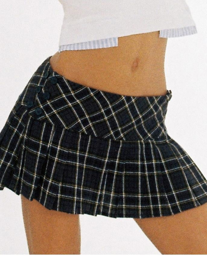 Adjustable Blue Plaid High-Low Pleated Skirt