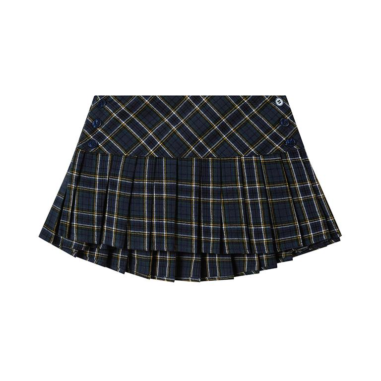 Adjustable Blue Plaid High-Low Pleated Skirt