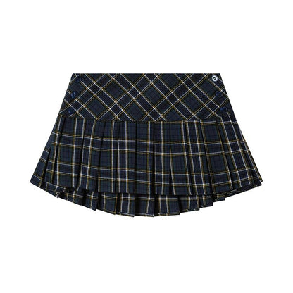 Adjustable Blue Plaid High-Low Pleated Skirt