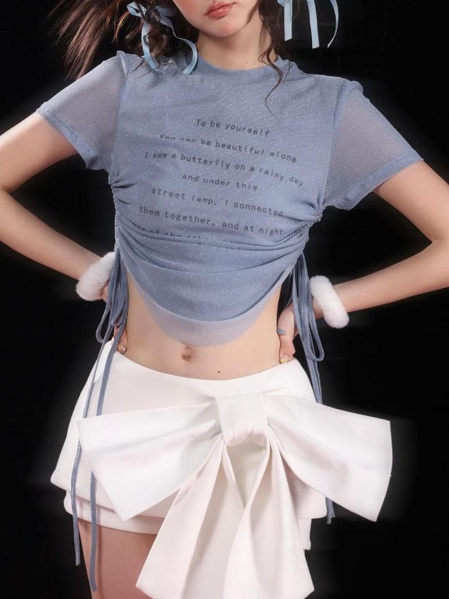 WSW WUSHENWU Adjustable Flash Print Stretch Mesh Top With Drawstring