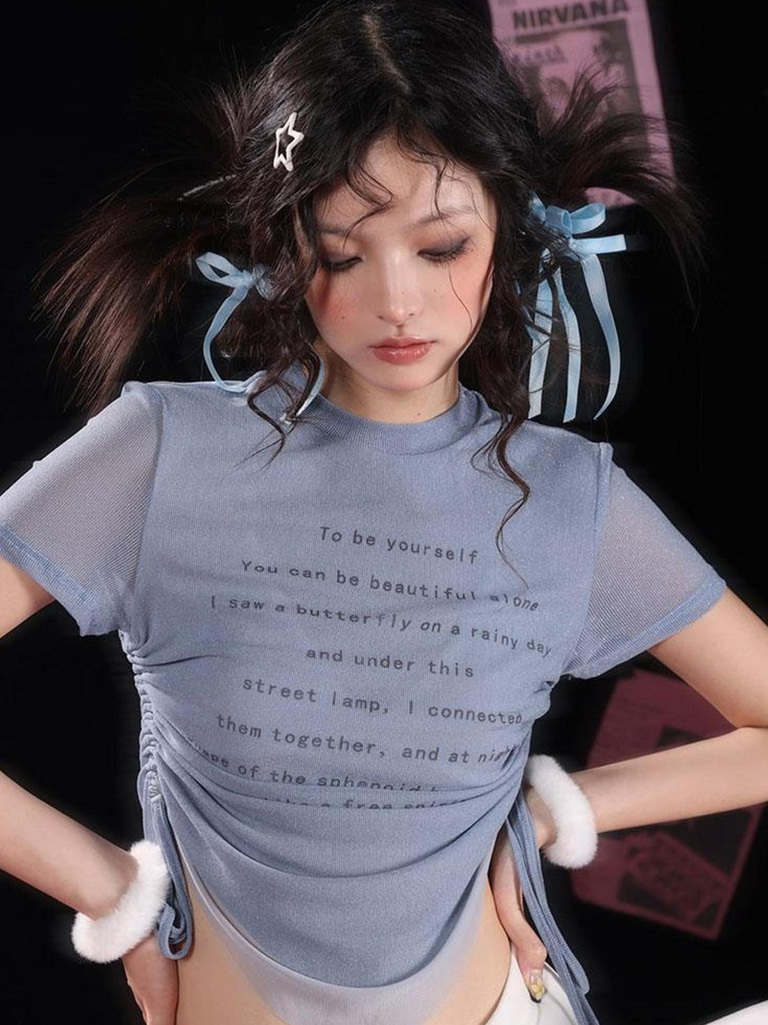 WSW WUSHENWU Adjustable Flash Print Stretch Mesh Top With Drawstring