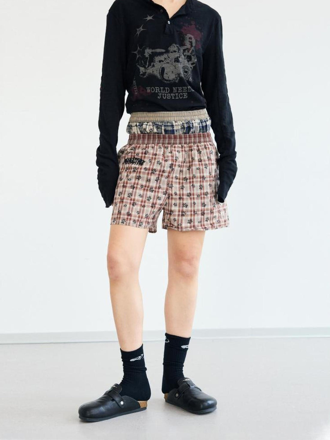 Peoplesense All Over Print Contrast Check Cotton Shorts Loose Fit