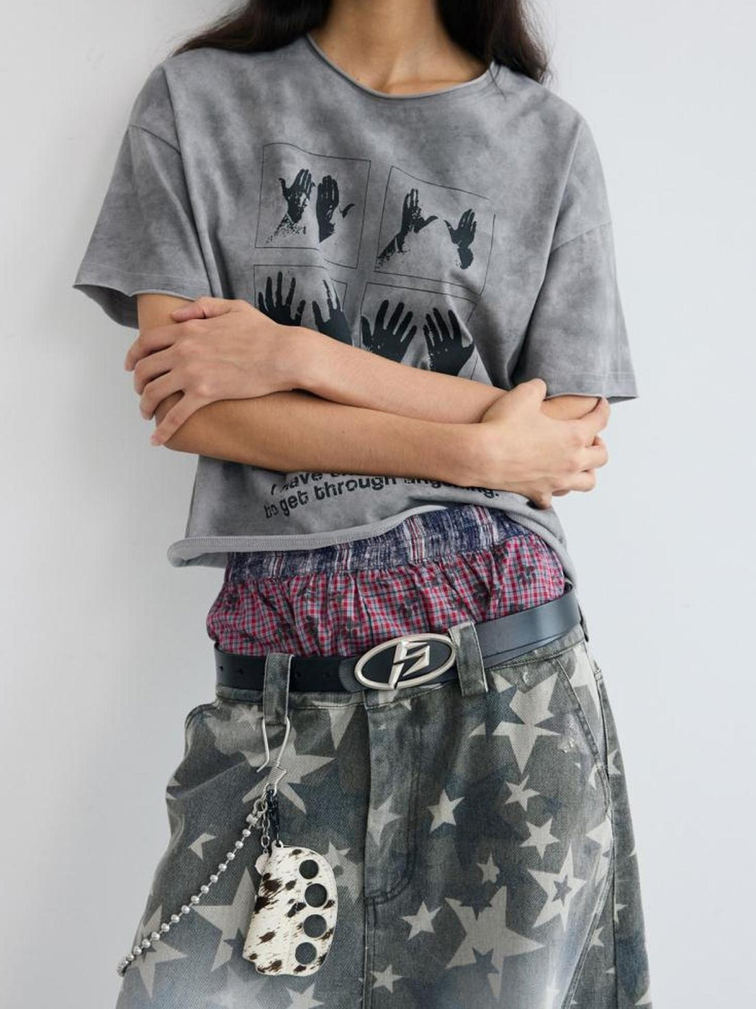 Peoplesense All Over Print Contrast Check Cotton Shorts Loose Fit