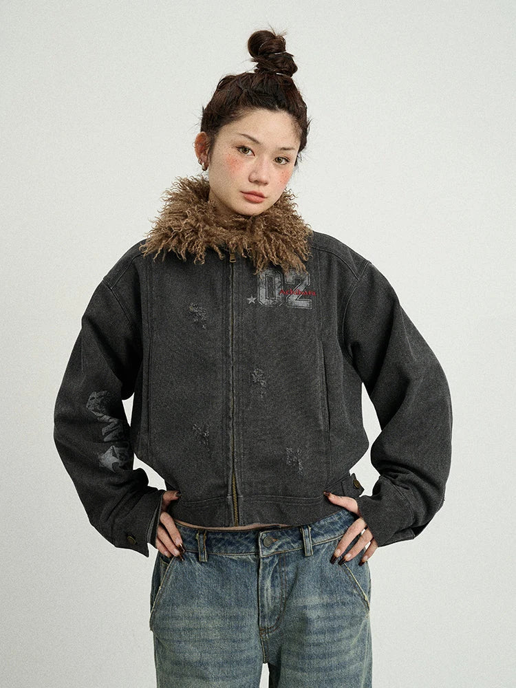 Vintage Cropped Denim Jacket With Detachable Fur Collar