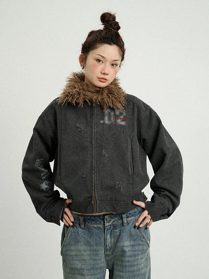 Vintage Cropped Denim Jacket With Detachable Fur Collar