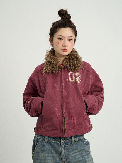 Achihara Vintage Cropped Denim Jacket With Detachable Fur Collar