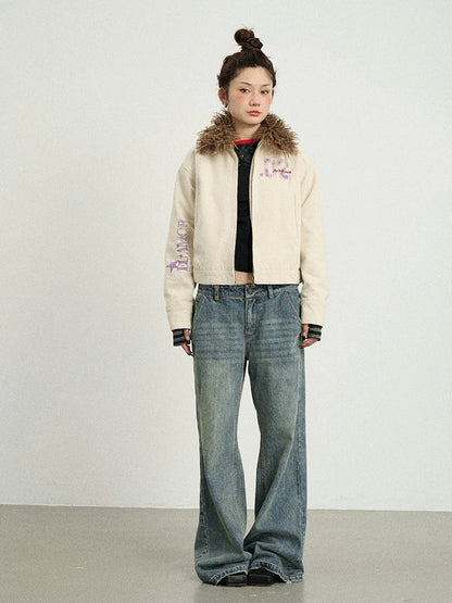 Vintage Cropped Denim Jacket With Detachable Fur Collar