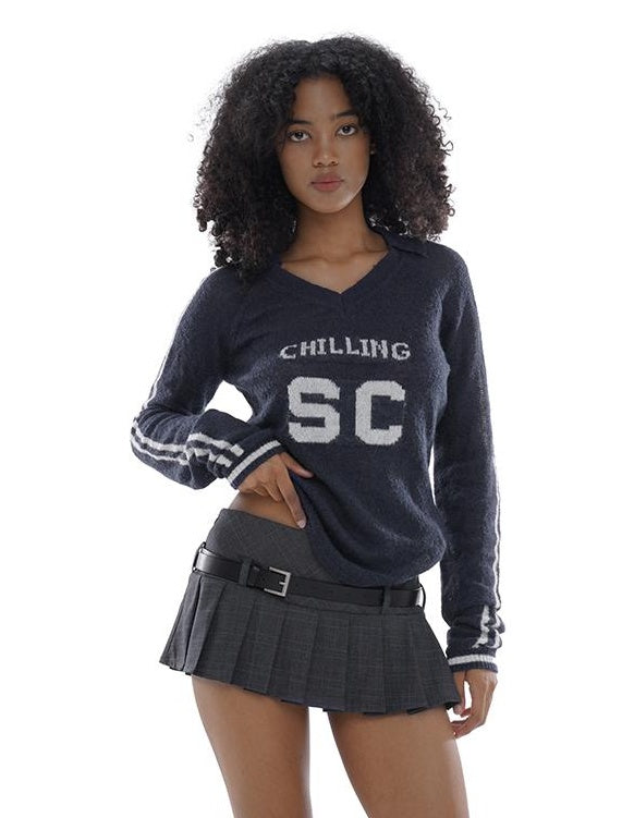 American Campus Style Mohair Sporty Knit Sweater