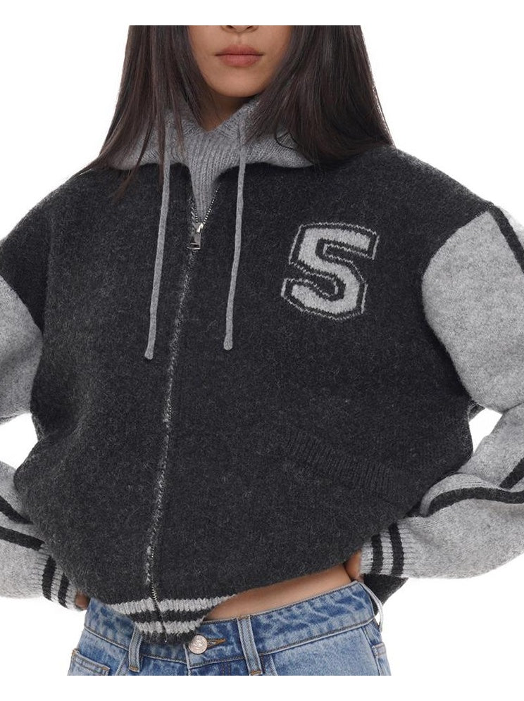 American College Style Loose Knit Baseball Cardigan