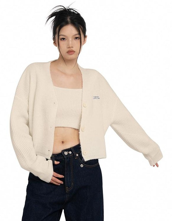 American Minimalist Knit Cardigan Fitted Tank Top Set for Women