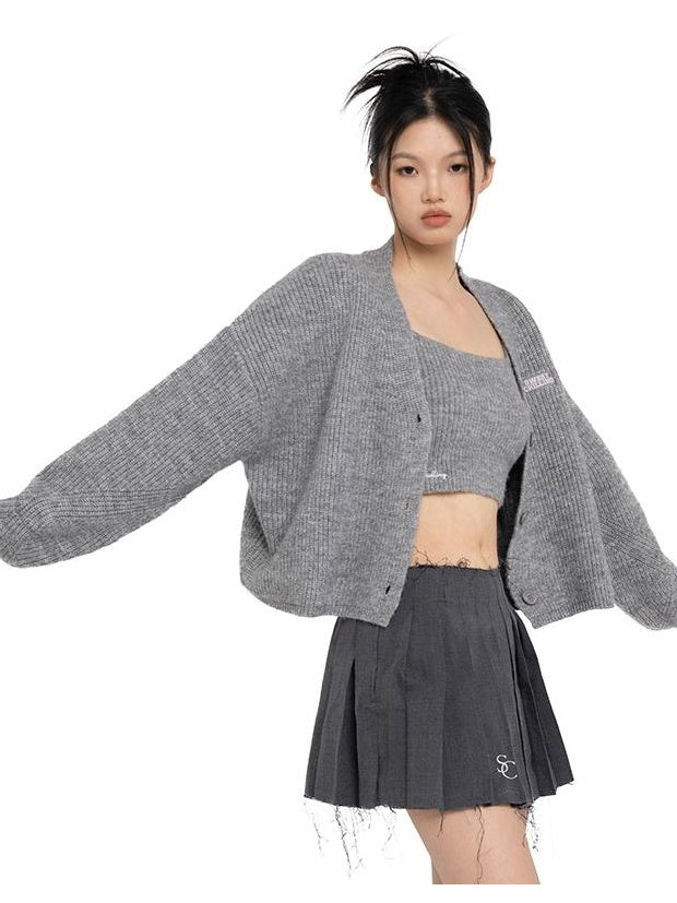 American Minimalist Knit Cardigan Fitted Tank Top Set for Women