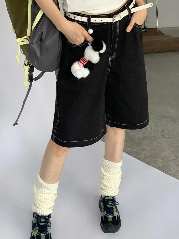 Anime Black Straight Low-Rise Loose Shorts
