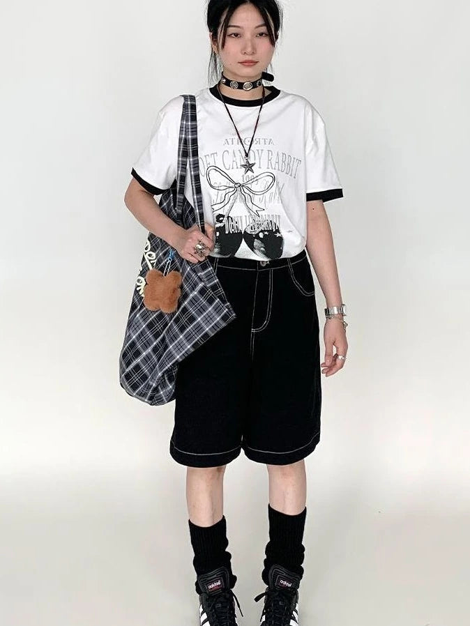 Anime Black Straight Low-Rise Loose Shorts