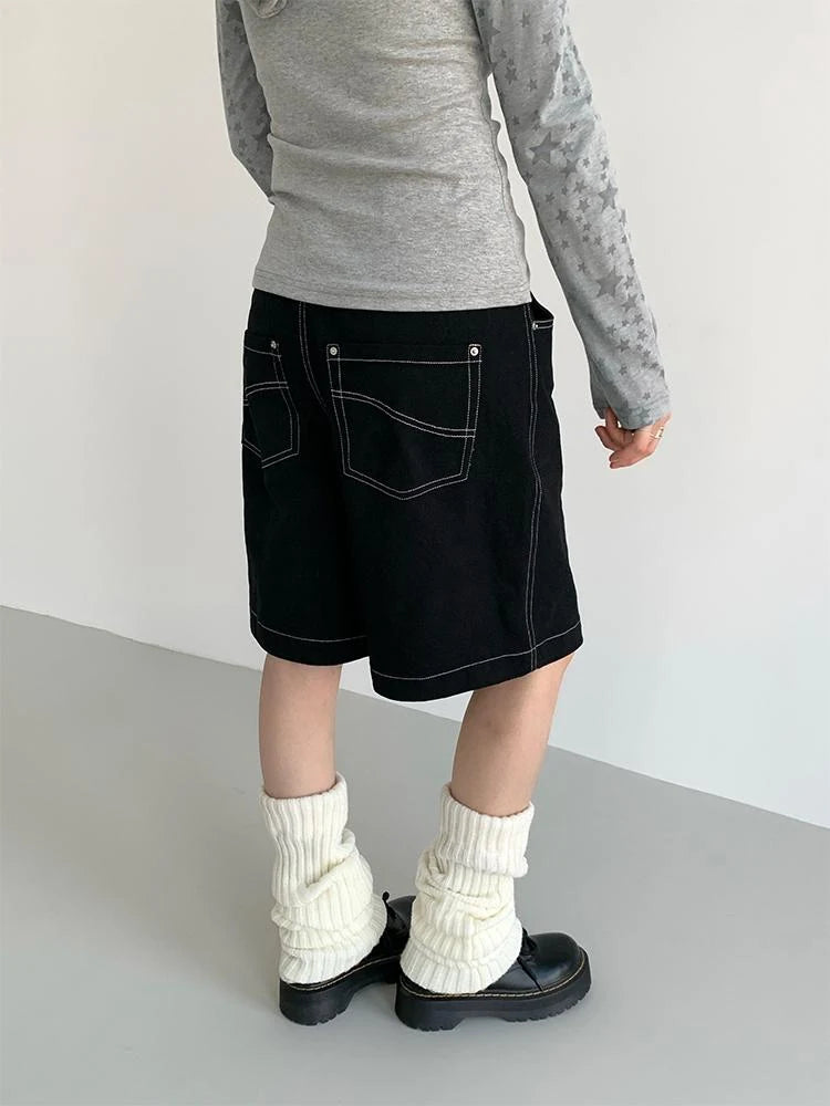 Anime Black Straight Low-Rise Loose Shorts