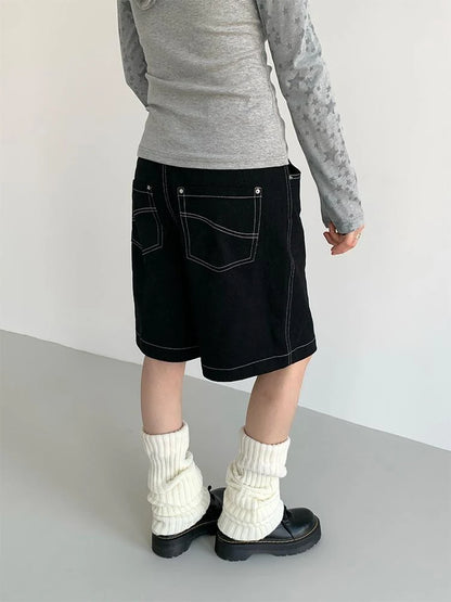 Anime Black Straight Low-Rise Loose Shorts