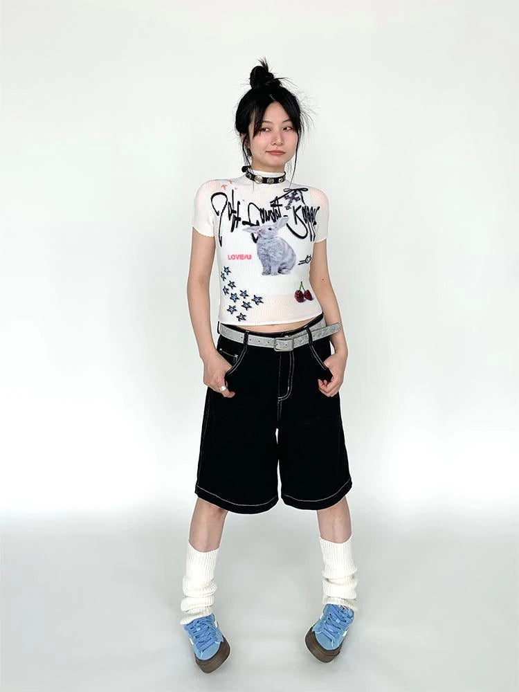Anime Black Straight Low-Rise Loose Shorts