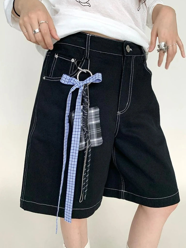 Anime Black Straight Low-Rise Loose Shorts