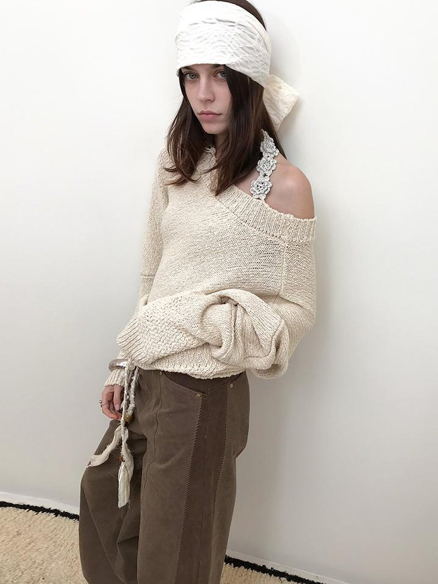 AnnoMundi Adjustable Off Shoulder Crochet Knit Top