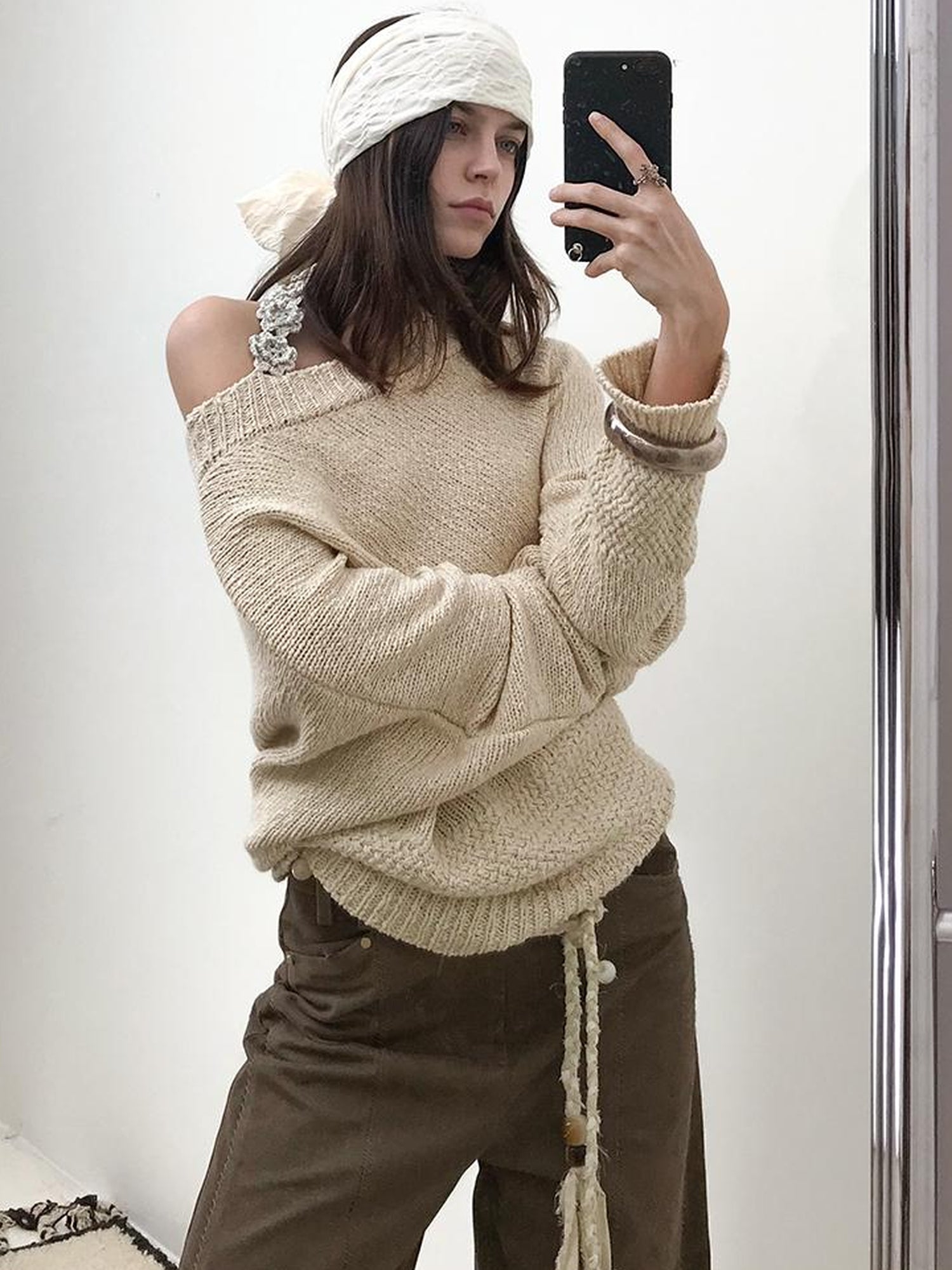 AnnoMundi Adjustable Off Shoulder Crochet Knit Top