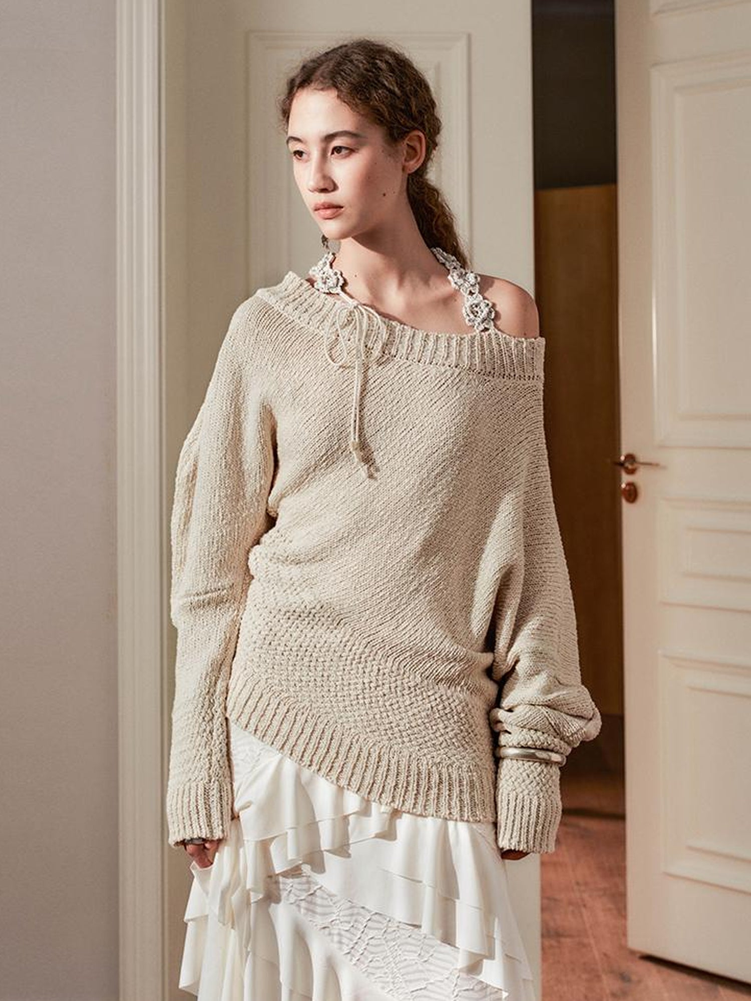 AnnoMundi Adjustable Off Shoulder Crochet Knit Top