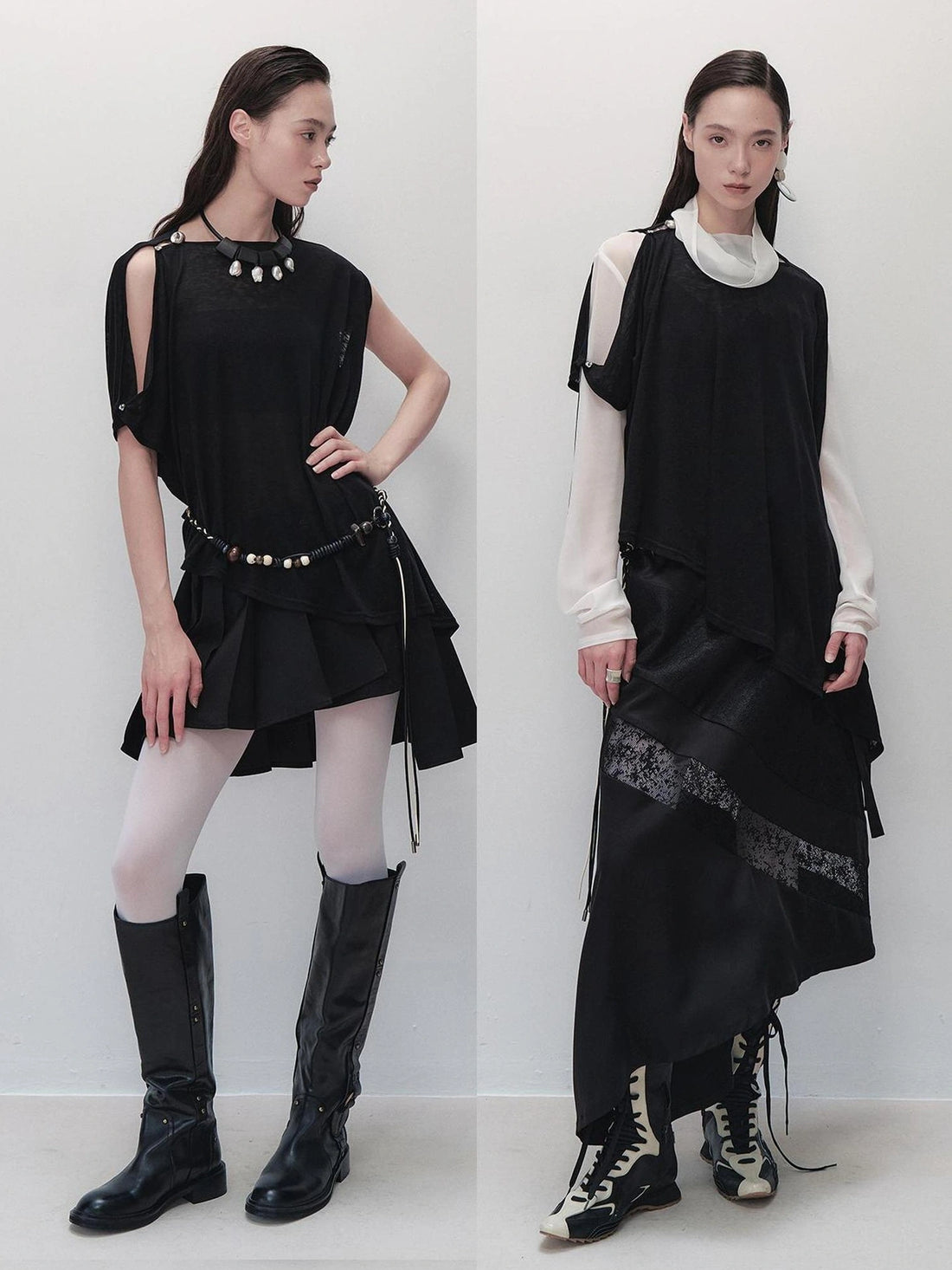 AnnoMundi Asymmetric Frost Knit Cover Up V-neck T-shirt Long Sleeve T-shirt