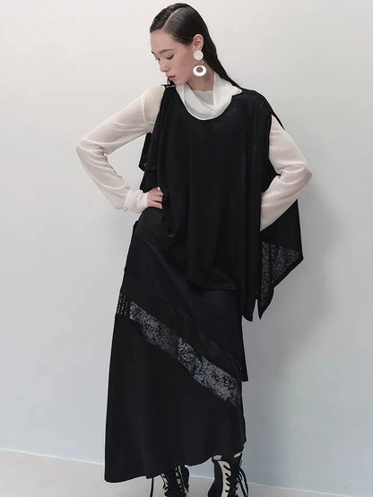 AnnoMundi Asymmetric Frost Knit Cover Up V-neck T-shirt Long Sleeve T-shirt