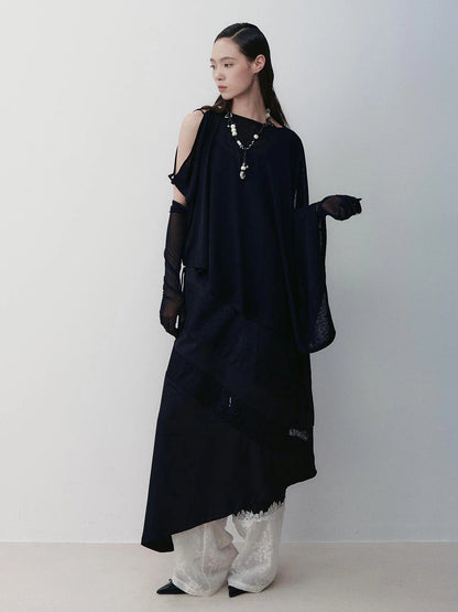 AnnoMundi Asymmetric Frost Knit Cover Up V-neck T-shirt Long Sleeve T-shirt