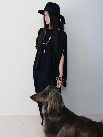 AnnoMundi Asymmetric Frost Knit Cover Up V-neck T-shirt Long Sleeve T-shirt