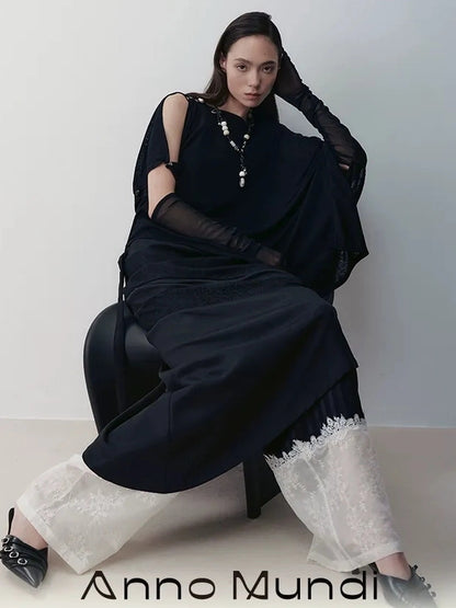 AnnoMundi Asymmetric Frost Knit Cover Up V-neck T-shirt Long Sleeve T-shirt