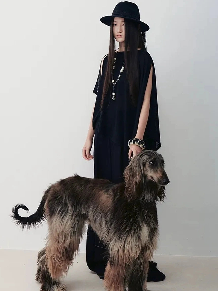 AnnoMundi Asymmetric Frost Knit Cover Up V-neck T-shirt Long Sleeve T-shirt