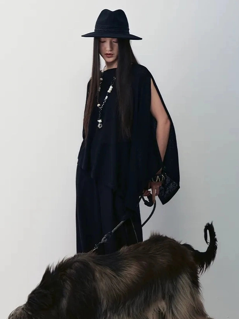 AnnoMundi Asymmetric Frost Knit Cover Up V-neck T-shirt Long Sleeve T-shirt