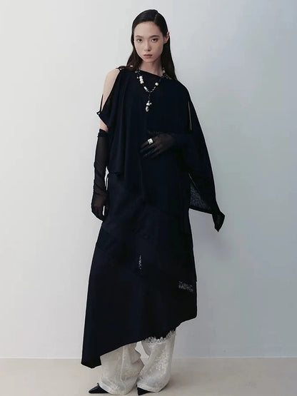 AnnoMundi Asymmetric Frost Knit Cover Up V-neck T-shirt Long Sleeve T-shirt