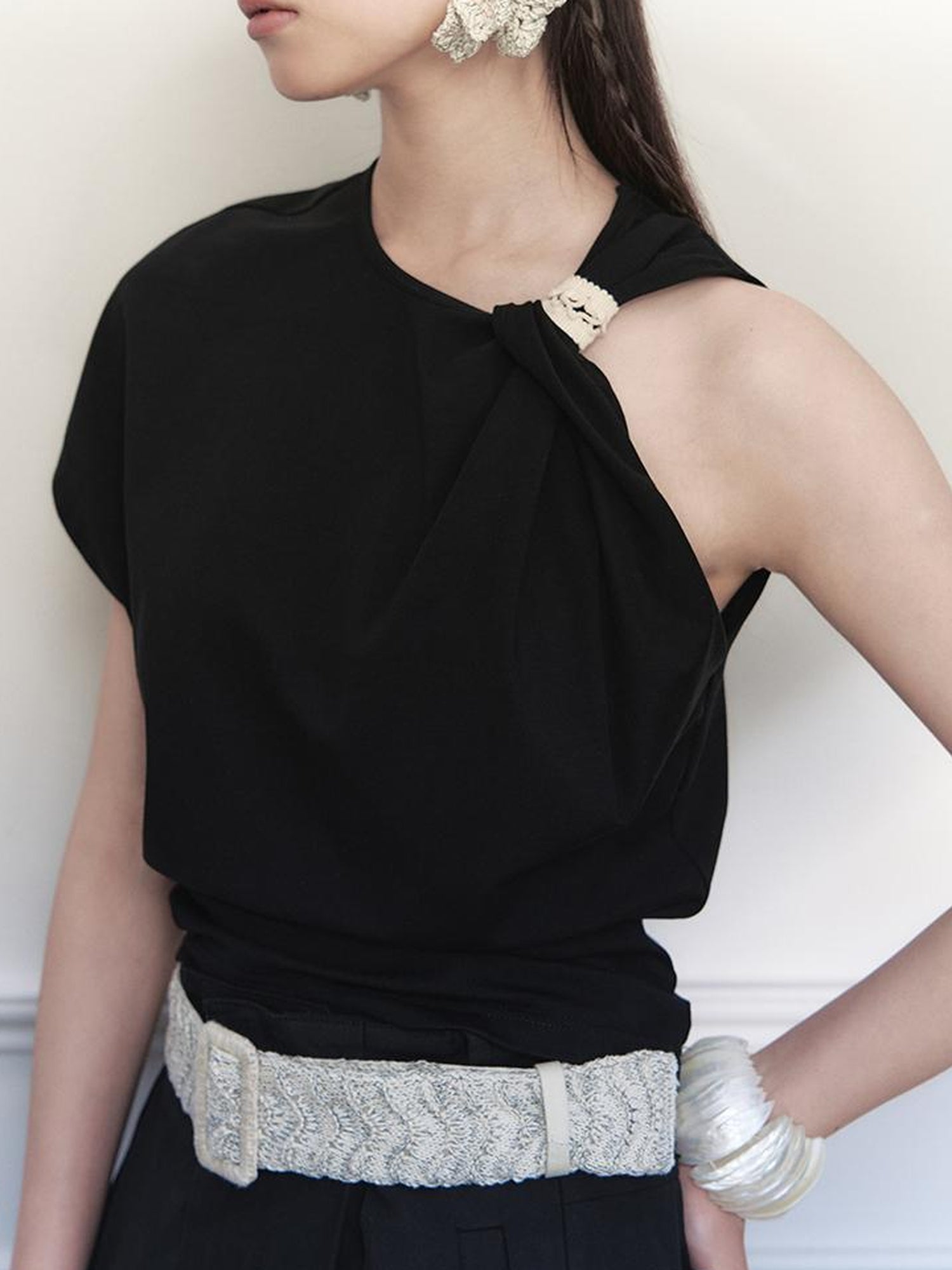 AnnoMundi Asymmetric Knotted Crop Top With Cut Out Straps