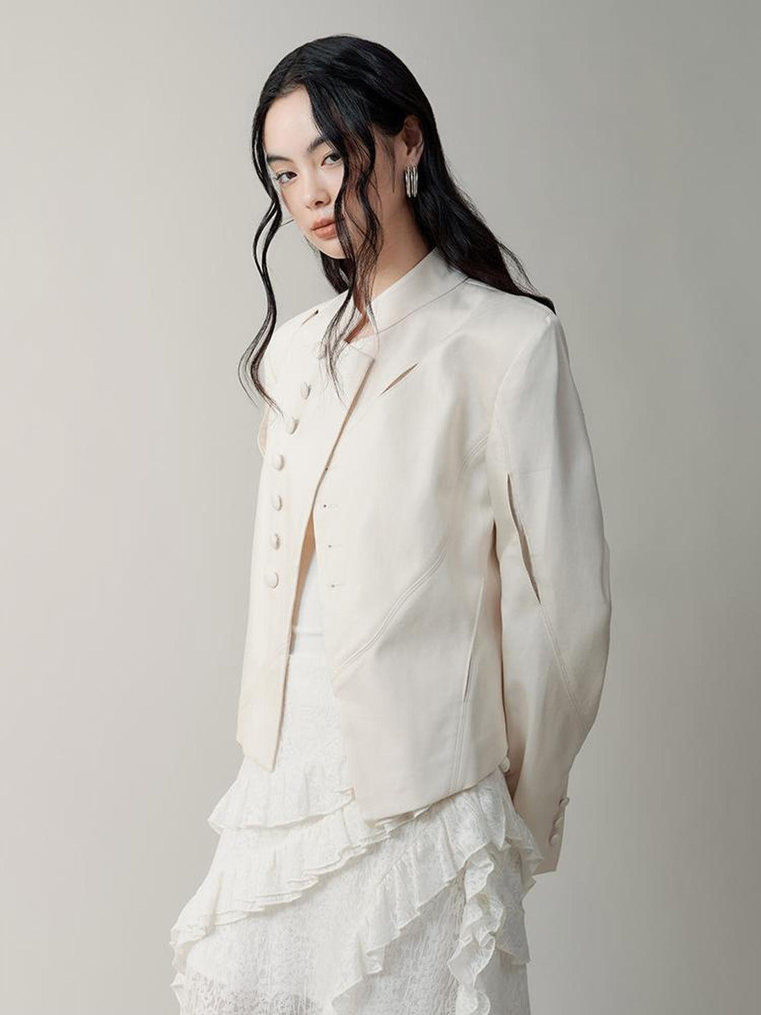 AnnoMundi Asymmetric Notch Collar Crackle Texture Blazer