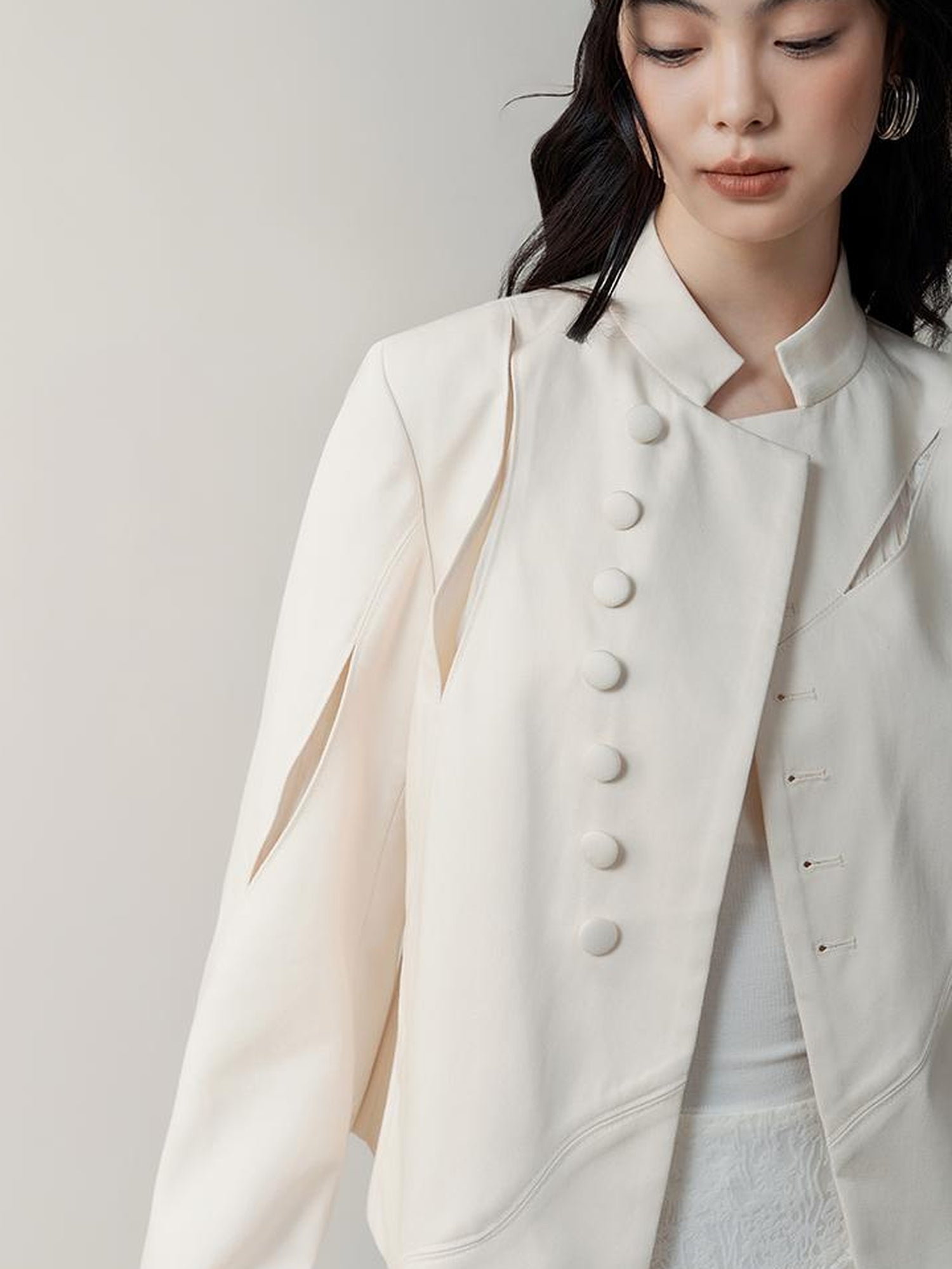 AnnoMundi Asymmetric Notch Collar Crackle Texture Blazer