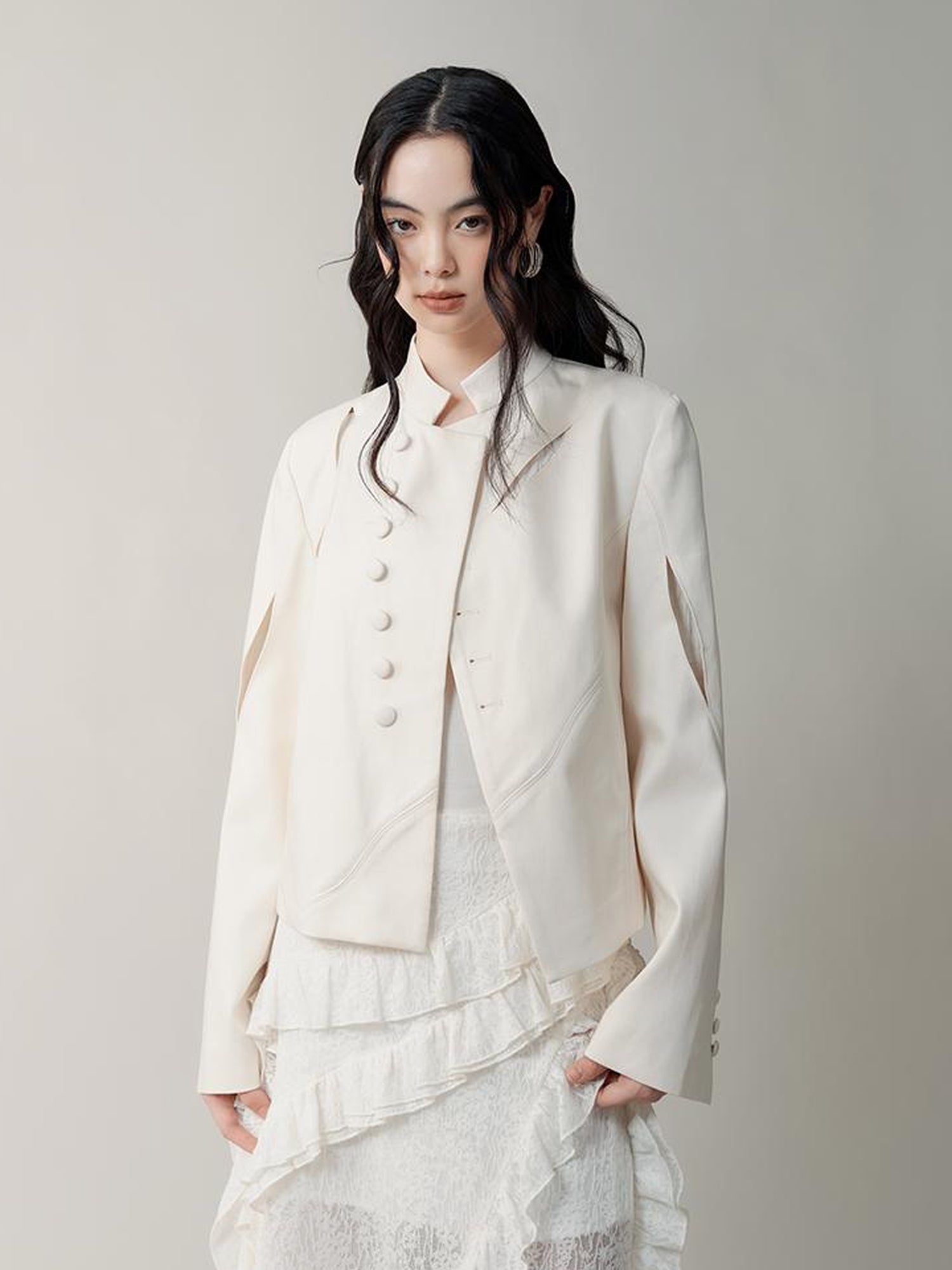 AnnoMundi Asymmetric Notch Collar Crackle Texture Blazer