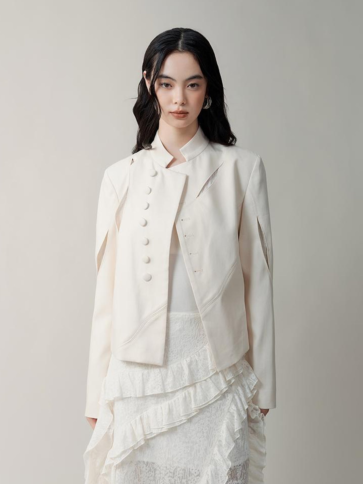 AnnoMundi Asymmetric Notch Collar Crackle Texture Blazer