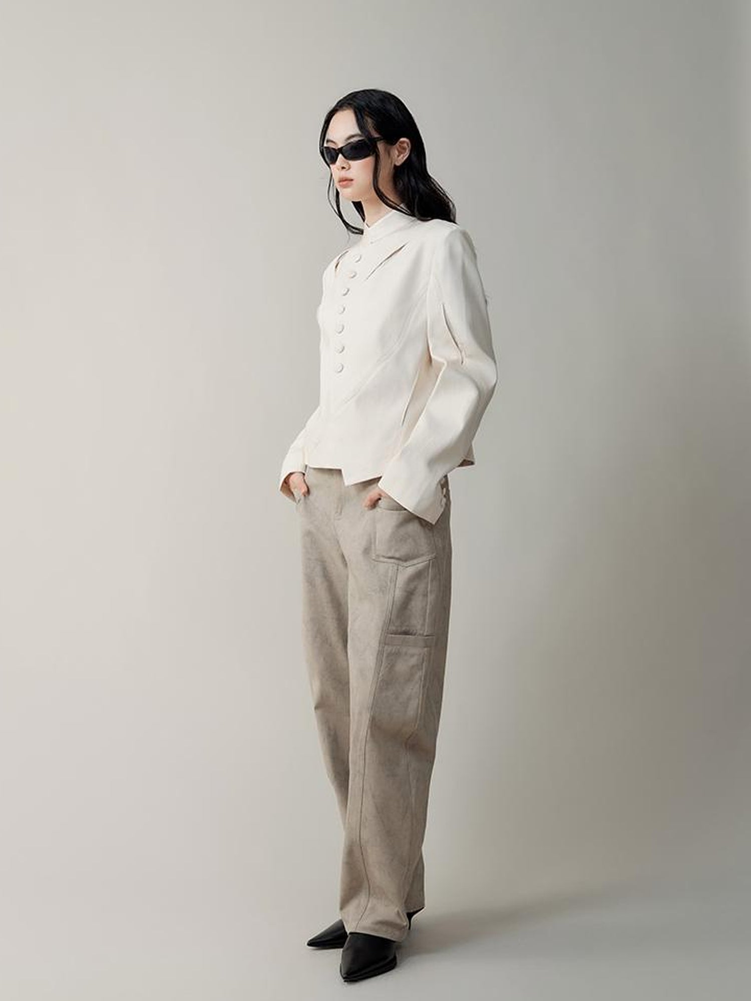 AnnoMundi Asymmetric Notch Collar Crackle Texture Blazer