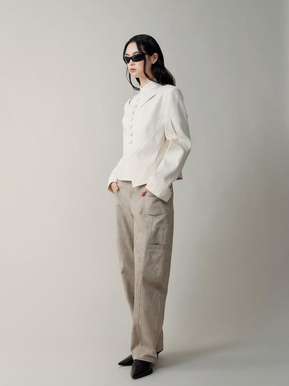 AnnoMundi Asymmetric Notch Collar Crackle Texture Blazer