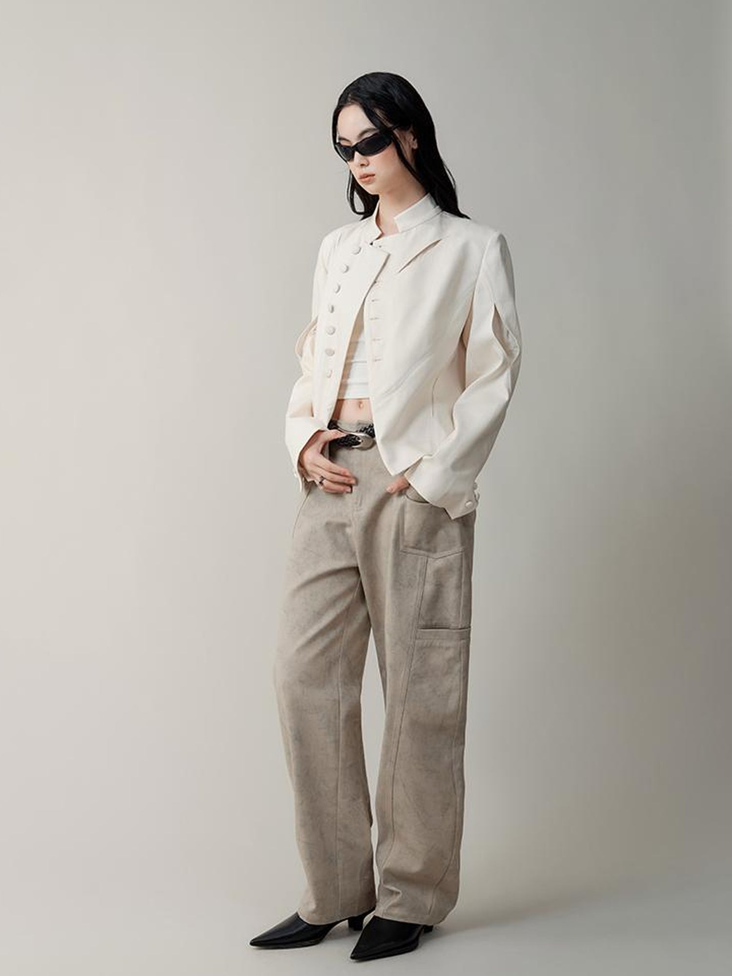 AnnoMundi Asymmetric Notch Collar Crackle Texture Blazer