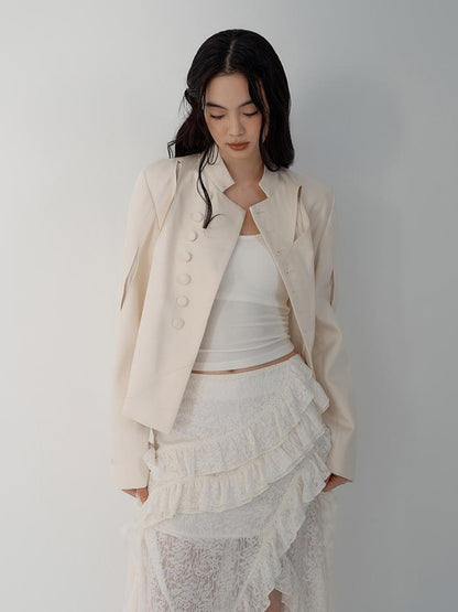 AnnoMundi Asymmetric Notch Collar Crackle Texture Blazer