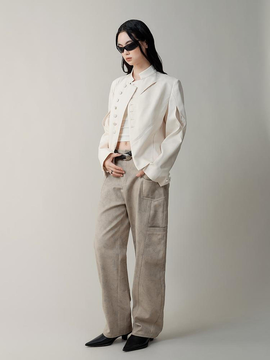 AnnoMundi Asymmetric Notch Collar Crackle Texture Blazer
