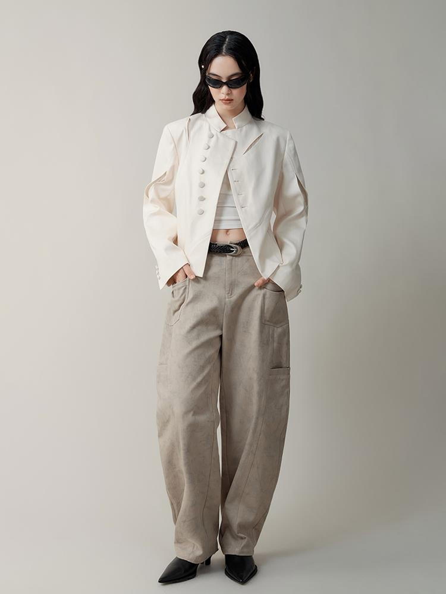 AnnoMundi Asymmetric Notch Collar Crackle Texture Blazer
