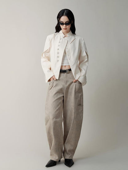 AnnoMundi Asymmetric Notch Collar Crackle Texture Blazer