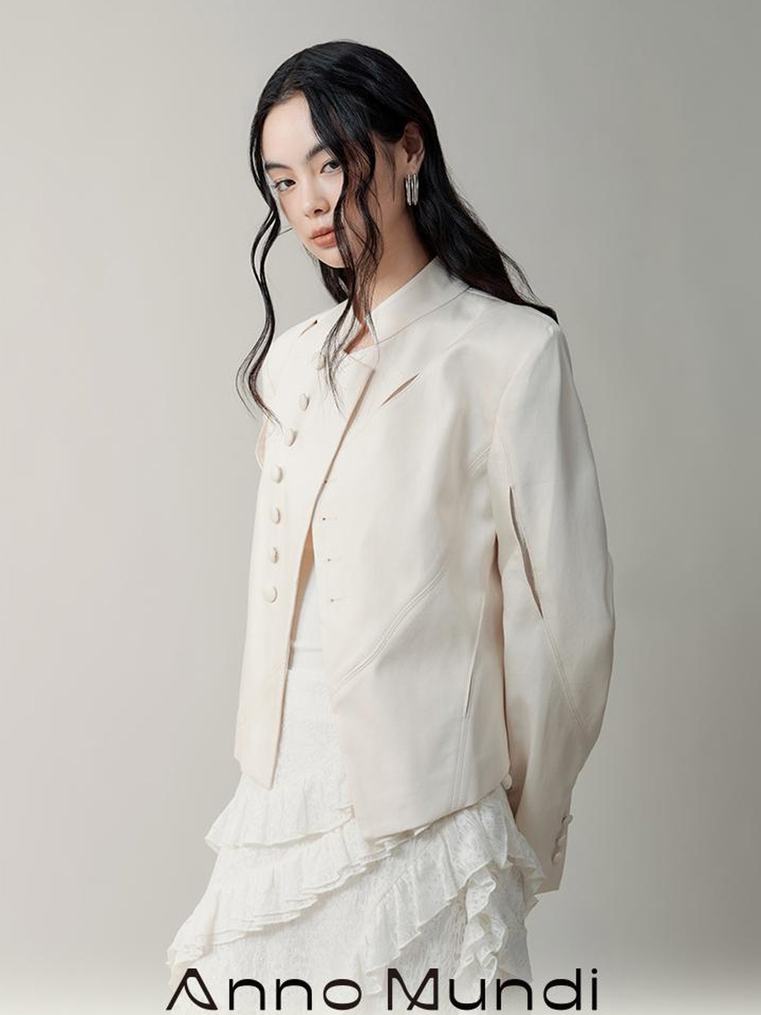 AnnoMundi Asymmetric Notch Collar Crackle Texture Blazer