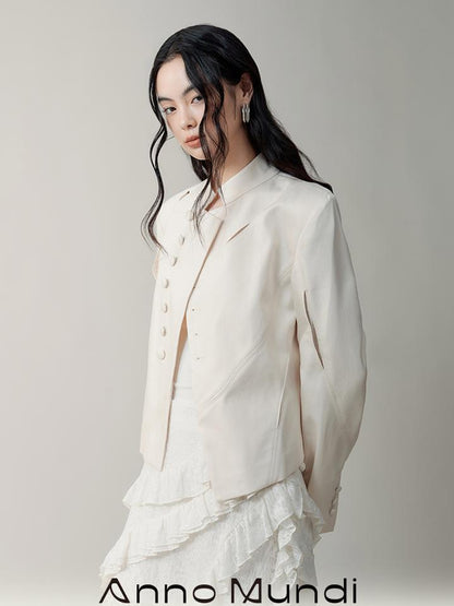 AnnoMundi Asymmetric Notch Collar Crackle Texture Blazer