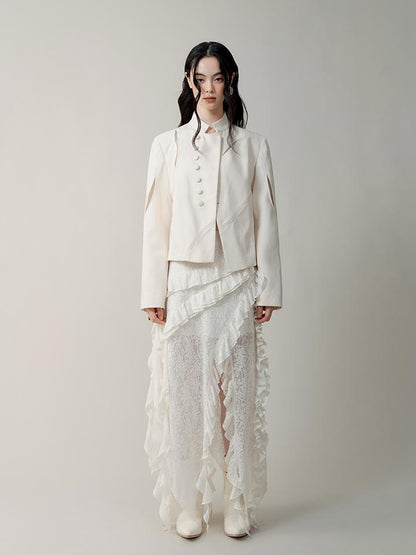 AnnoMundi Asymmetric Notch Collar Crackle Texture Blazer