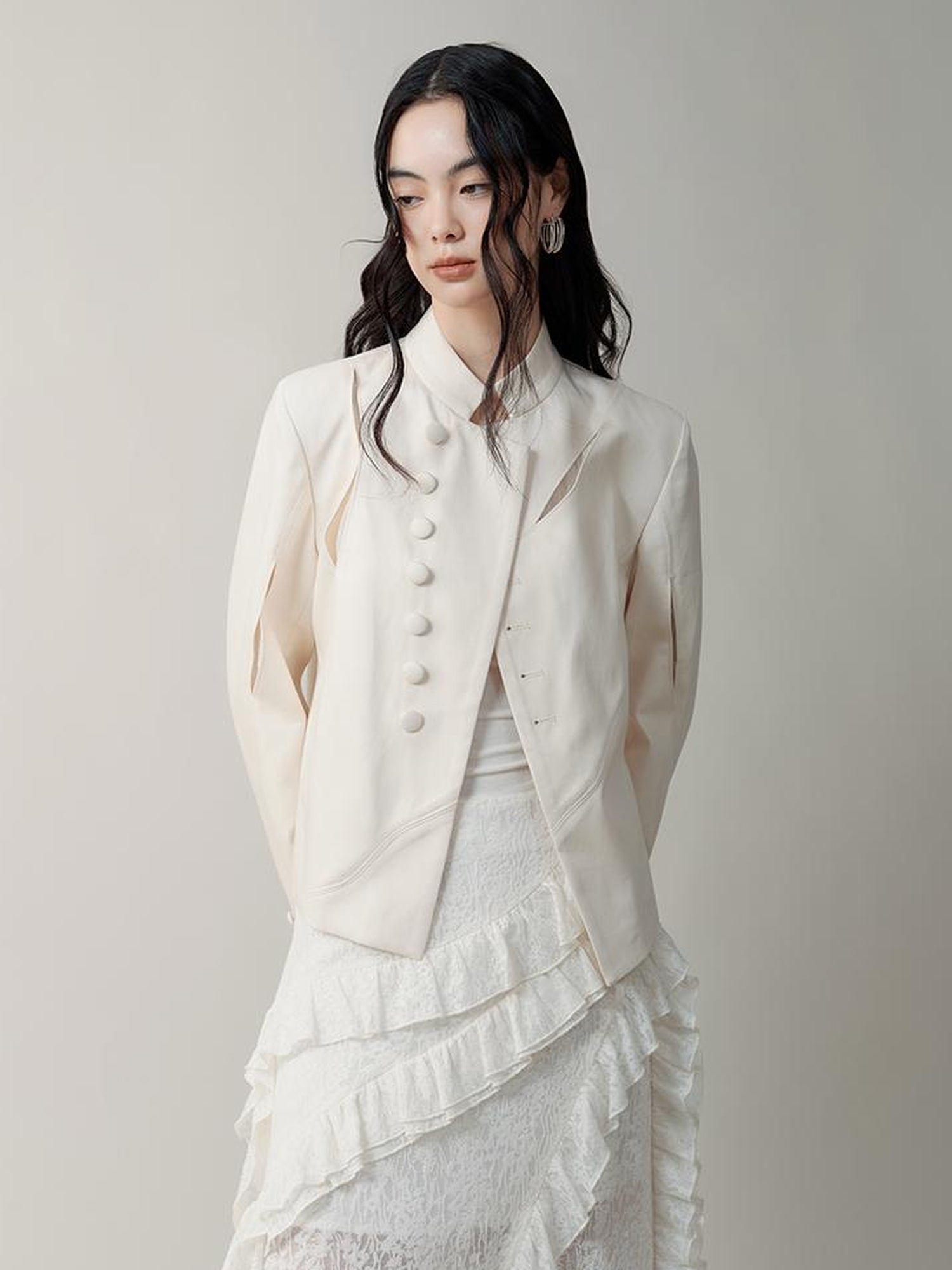 AnnoMundi Asymmetric Notch Collar Crackle Texture Blazer